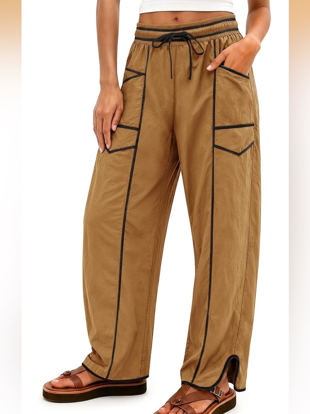 Relaxed Wide-Leg Cargo Pants in Camel with Contrast Trim